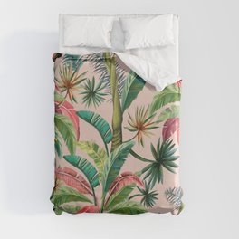 Palm Life, tropical palm leaves, banana palm, Hollywood Regency, green, pinks Duvet Cover
