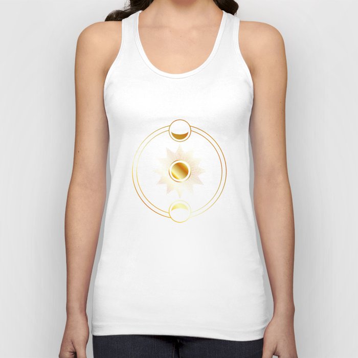 Sun and waxing and waning golden moons in space Tank Top