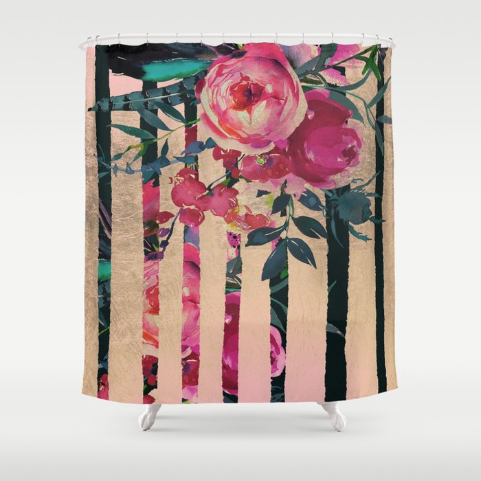 Pink Burgundy Black Gold Watercolor Geometrical Shower Curtain By
