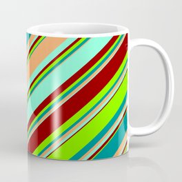 [ Thumbnail: Eyecatching Dark Cyan, Brown, Aquamarine, Dark Red, and Chartreuse Colored Striped/Lined Pattern Coffee Mug ]