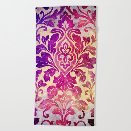 Purple Damask Pattern Beach Towel