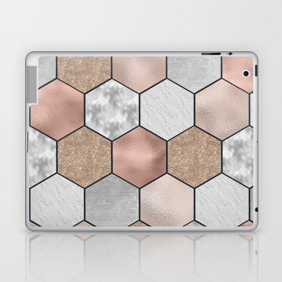 Marble hexagons and rose gold on black Laptop & iPad Skin