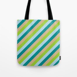 [ Thumbnail: Tan, Green, Light Blue, and Dark Cyan Colored Stripes Pattern Tote Bag ]