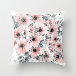 Flower Watercolor, Blush Pink and Gray, Floral Prints Throw Pillow