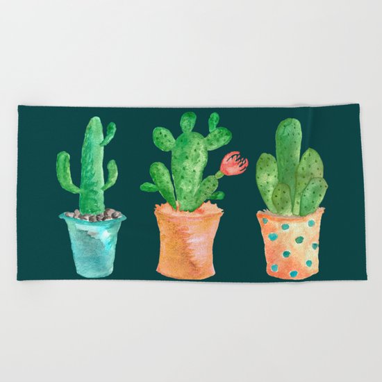 Three Green Cacti On Green Background Beach Towel