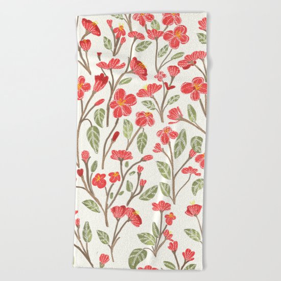 Red Botanical Pattern Beach Towel