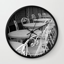Cafe Tables and Chairs - black and white Wall Clock