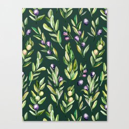 Scattered Olive Branches on Dark Green Canvas Print