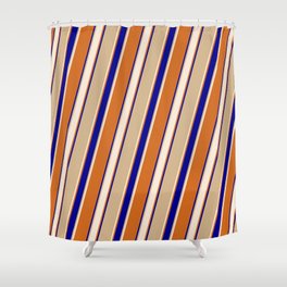 [ Thumbnail: Tan, Beige, Chocolate & Dark Blue Colored Lines Pattern Shower Curtain ]