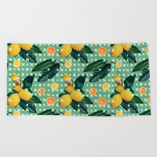 Bird & lemons green pattern Beach Towel