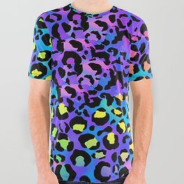 Holographic Rainbow Leopard Print Spots on Bright Neon All Over Graphic Tee