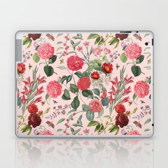 Pink Rose Garden - Vintage Botanical Illustration Collage Laptop & iPad Skin