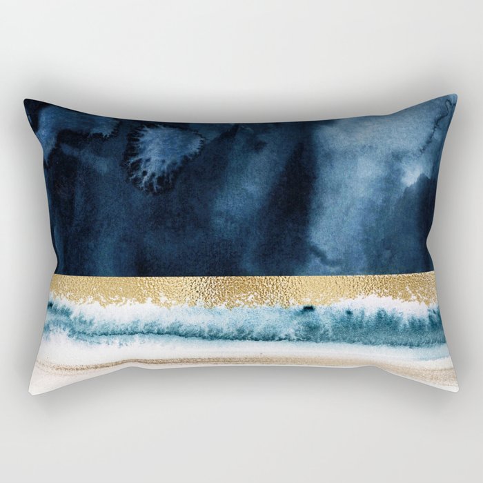 Navy Blue, Gold And White Abstract Watercolor Art Rectangular Pillow