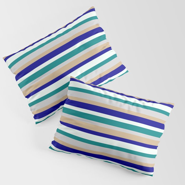 Colorful Teal, Light Gray, Tan, Dark Blue, and Mint Cream Colored Striped/Lined Pattern Pillow Sham