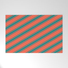 [ Thumbnail: Red & Dark Cyan Colored Lined Pattern Welcome Mat ]
