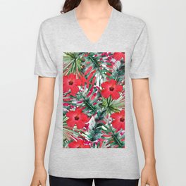 Tropical Red Pink Forest Green Palm Tree Floral V Neck T Shirt
