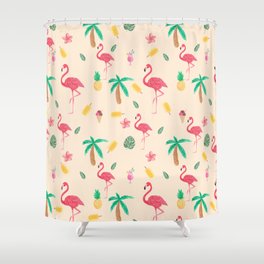 Summer pink watercolor tropical flamingo floral Shower Curtain