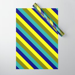 [ Thumbnail: Yellow, Green, Light Sea Green, and Blue Colored Striped Pattern Wrapping Paper ]