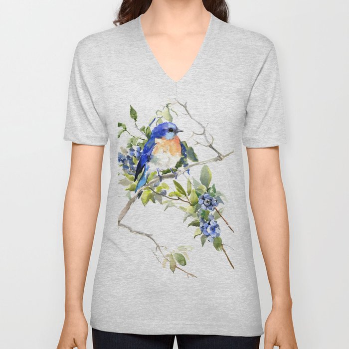 Bluebird and Blueberry V Neck T Shirt