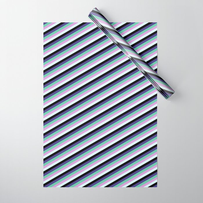Eye-catching Dark Slate Blue, Aquamarine, Plum, Light Cyan & Black Colored Striped Pattern Wrapping Paper
