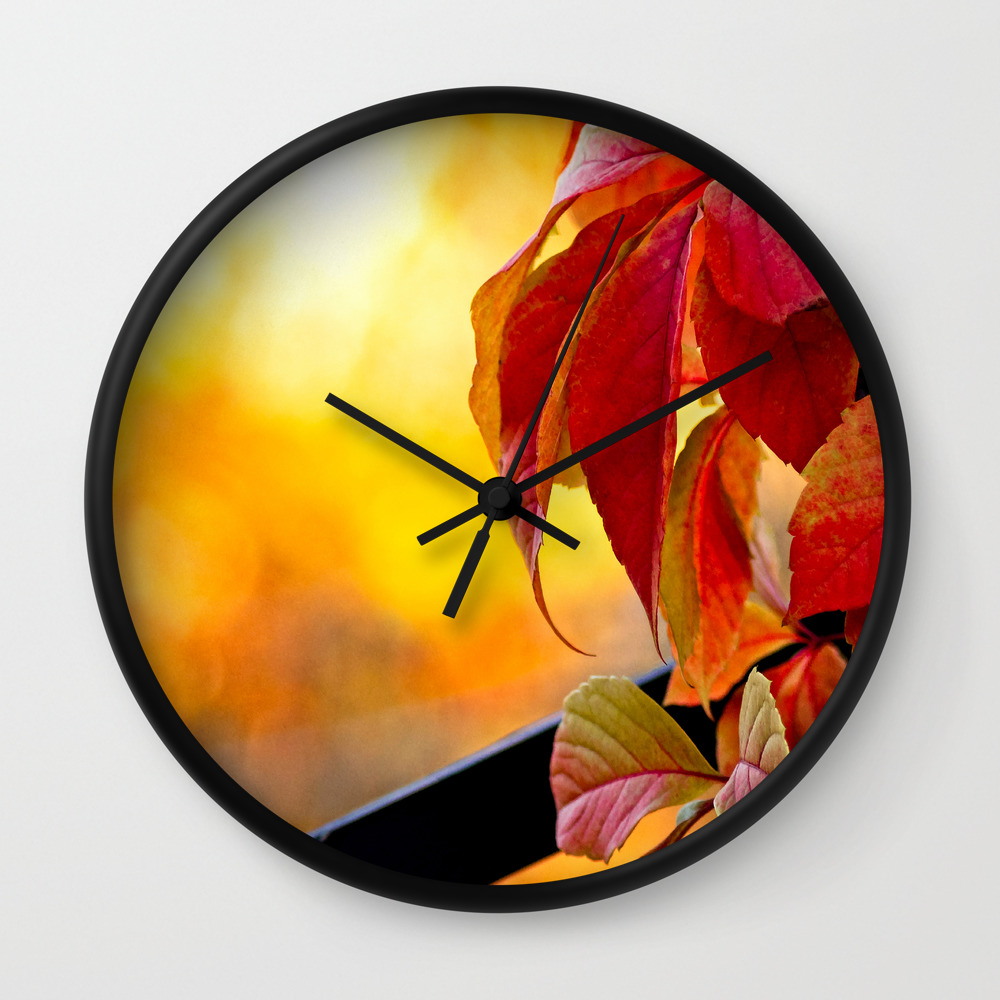 Autumn Red Vine Leaves And Yellow Background Wall Clock By