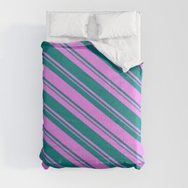 [ Thumbnail: Teal and Violet Colored Striped/Lined Pattern Comforter ]