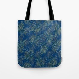 Navy blue green gold glitter palm tree foliage Tote Bag