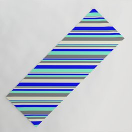 [ Thumbnail: Aquamarine, Grey, Beige & Blue Colored Pattern of Stripes Yoga Mat ]