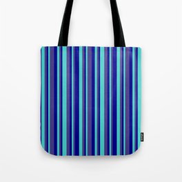 [ Thumbnail: Dark Blue, Dark Slate Blue & Turquoise Colored Pattern of Stripes Tote Bag ]