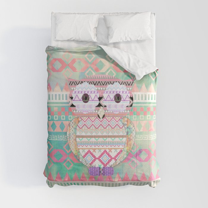Hoot!  Whimsical Tribal Owl Pastel Girly Tie Dye Aztec Comforter