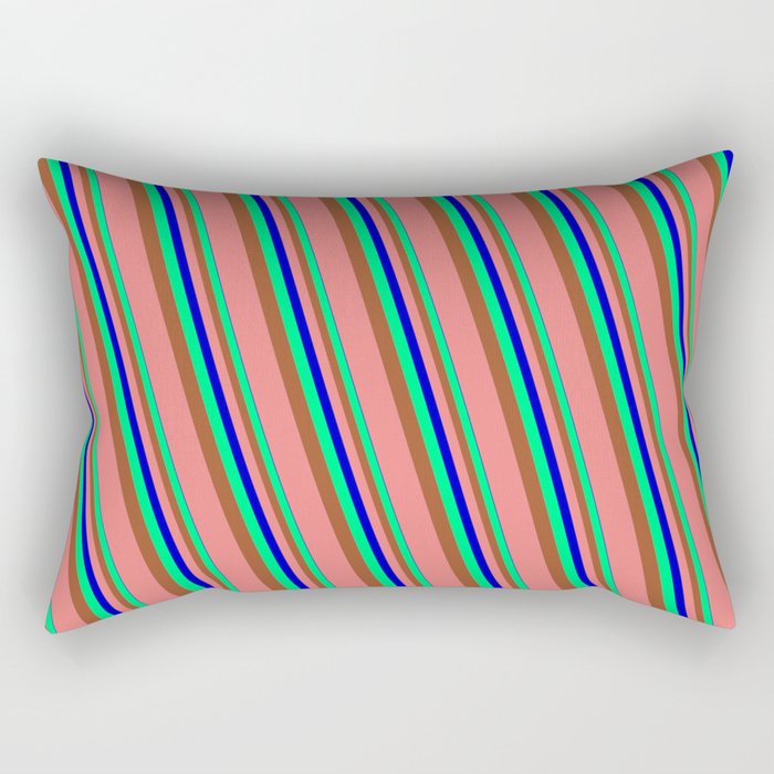 Blue, Green, Sienna & Light Coral Colored Striped/Lined Pattern Rectangular Pillow