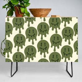 Melted Smiley Faces Trippy Seamless Pattern - Dark Green Credenza
