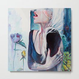 In Her Garden Metal Print | Flowers, Expressionism, Female, Illustration, Lips, Yellow, Colorful, Girl, Body, Curated 
