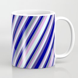 [ Thumbnail: Slate Gray, Plum, Light Cyan, Dark Slate Blue, and Dark Blue Colored Lined/Striped Pattern Coffee Mug ]