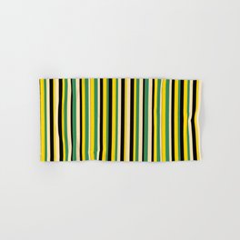 [ Thumbnail: Sea Green, Beige, Black & Yellow Colored Pattern of Stripes Hand & Bath Towel ]