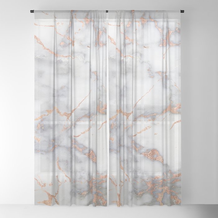 White and Gray Marble and Gold Metal foil Glitter Effect Sheer Curtain