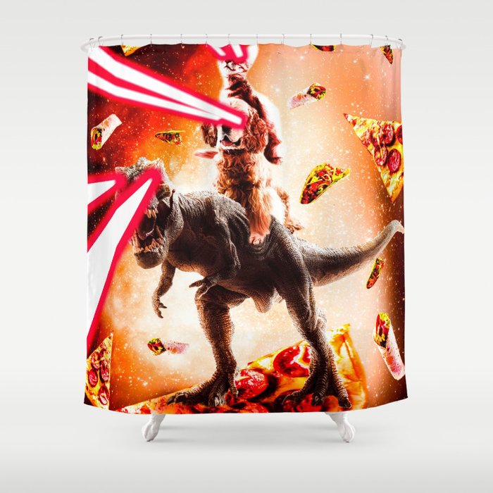 Laser Eyes Space Cat Riding Dog And Dinosaur Shower Curtain By Randomgalaxy Society6