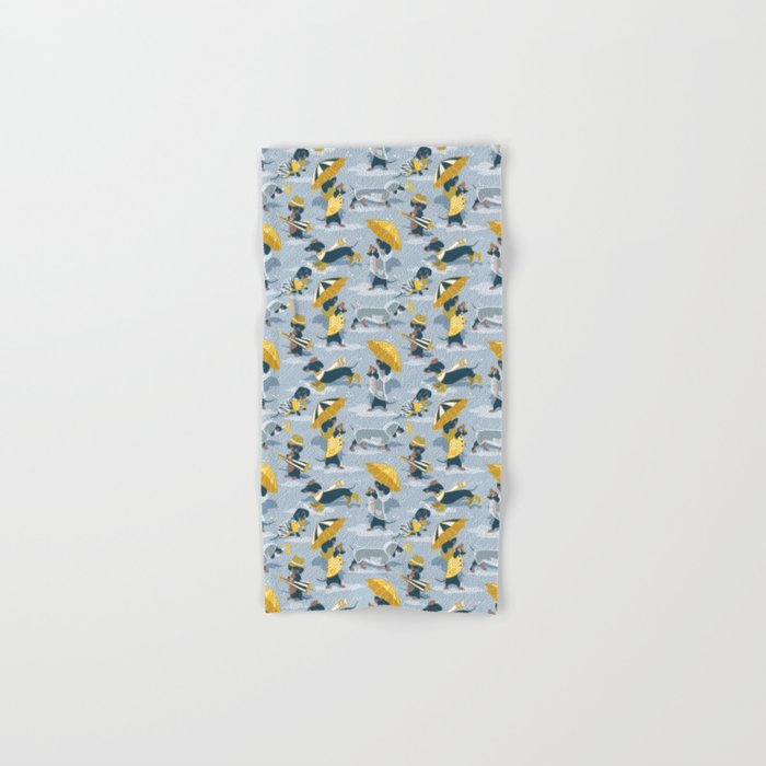 Ready For a Rainy Walk // pastel blue background dachshunds dogs with yellow and transparent rain co Hand & Bath Towel