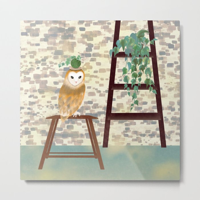 Bonsai Owl and ivy potted plant on ladder shelf Metal Print