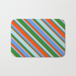 [ Thumbnail: Cornflower Blue, Forest Green, Red, and Powder Blue Colored Lines Pattern Bath Mat ]