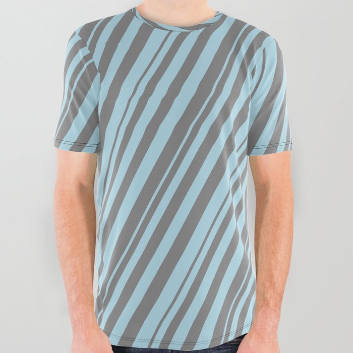 Grey & Light Blue Colored Lines Pattern All Over Graphic Tee