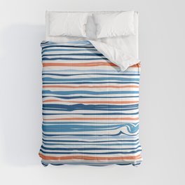 Modern Abstract Ocean Wave Stripes in Classic Blues and Orange Comforter