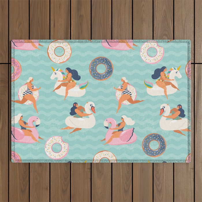 Gils on inflatable in swimming pool floats. Outdoor Rug