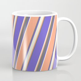 [ Thumbnail: Light Salmon, Dim Grey, Slate Blue, and Beige Colored Lined/Striped Pattern Coffee Mug ]