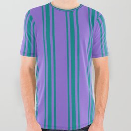 [ Thumbnail: Purple & Dark Cyan Colored Stripes Pattern All Over Graphic Tee ]