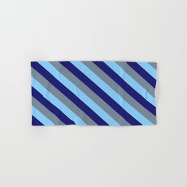 [ Thumbnail: Midnight Blue, Light Slate Gray & Light Sky Blue Colored Striped Pattern Hand & Bath Towel ]