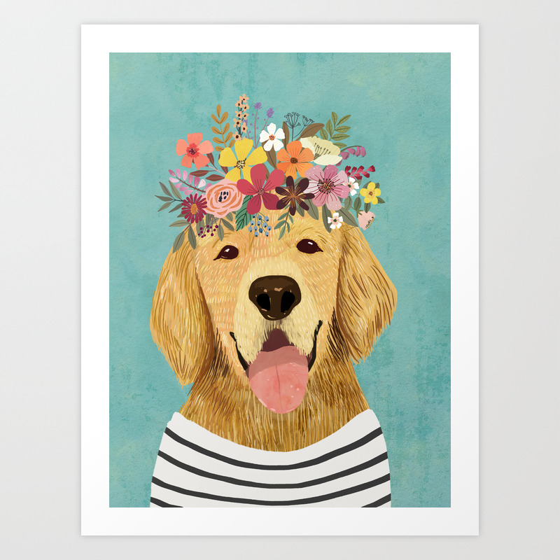 Golden Retriever Dog with Floral Crown Art Print – Funny Decoration Gift –  Cute Room Decor – Poster Art Print by Mia Charro | Society6