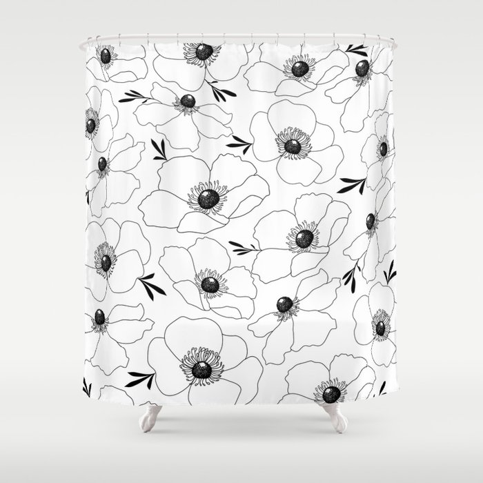 Anemone Flower Pattern on White Shower Curtain