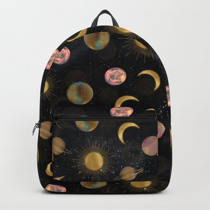 Gold Sun Moon Planets Space illustration Backpack
