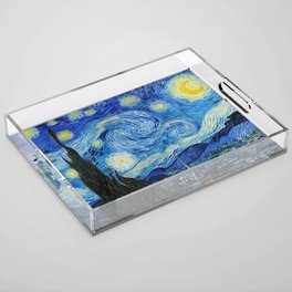 The Starry Night - La Nuit étoilée oil-on-canvas post-impressionist landscape masterpiece painting in original blue and yellow by Vincent van Gogh Acrylic Tray